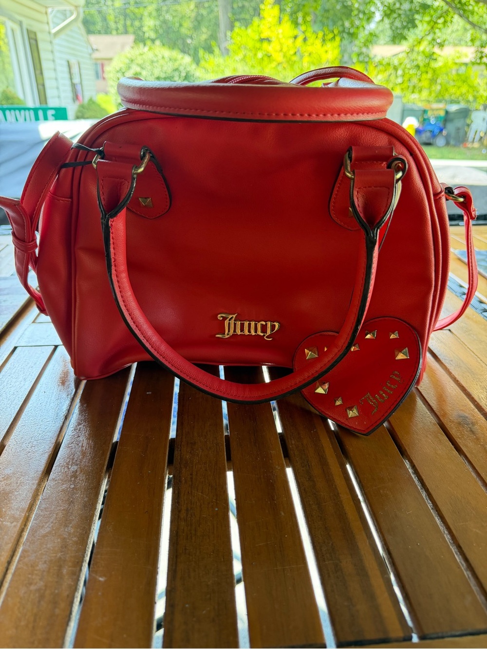Juicy Couture Red Satchel with Heart Charm and Gold Accents